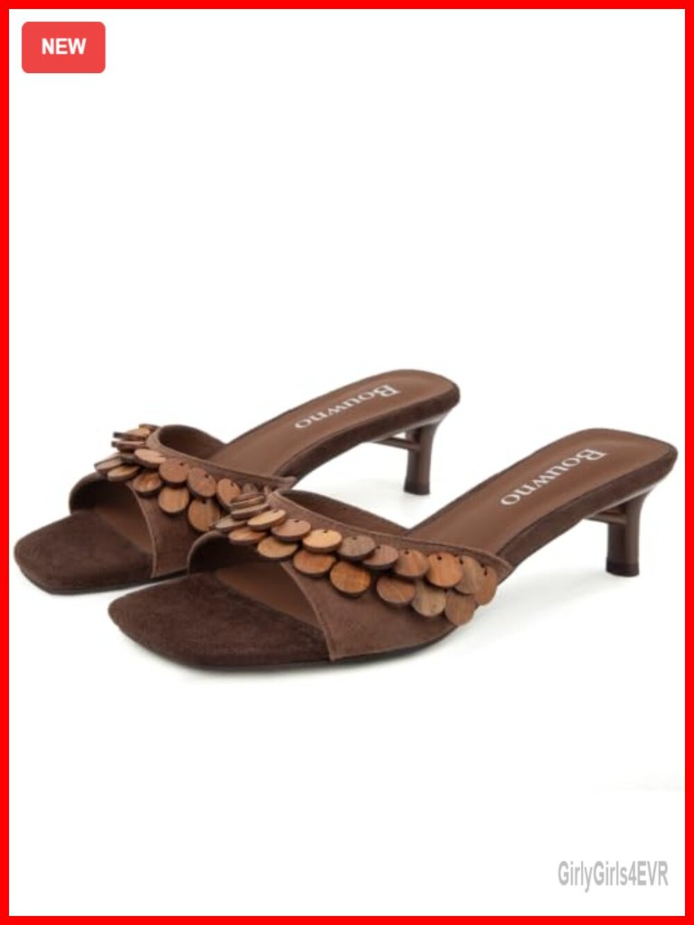 Suede Kitten Heel Sandals Slip On Mules Square Open Toe with Wood Tassel